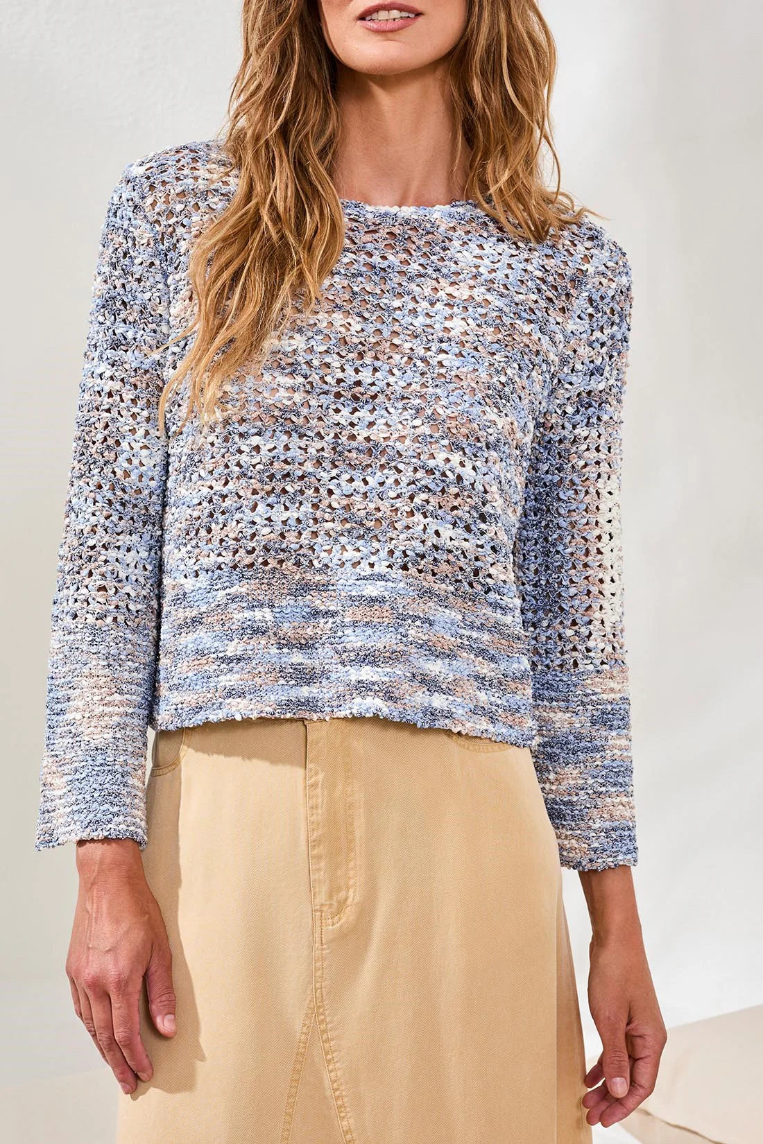 Tri 6206o Open-Stitch Crewneck Bell-Sleeve Sweater