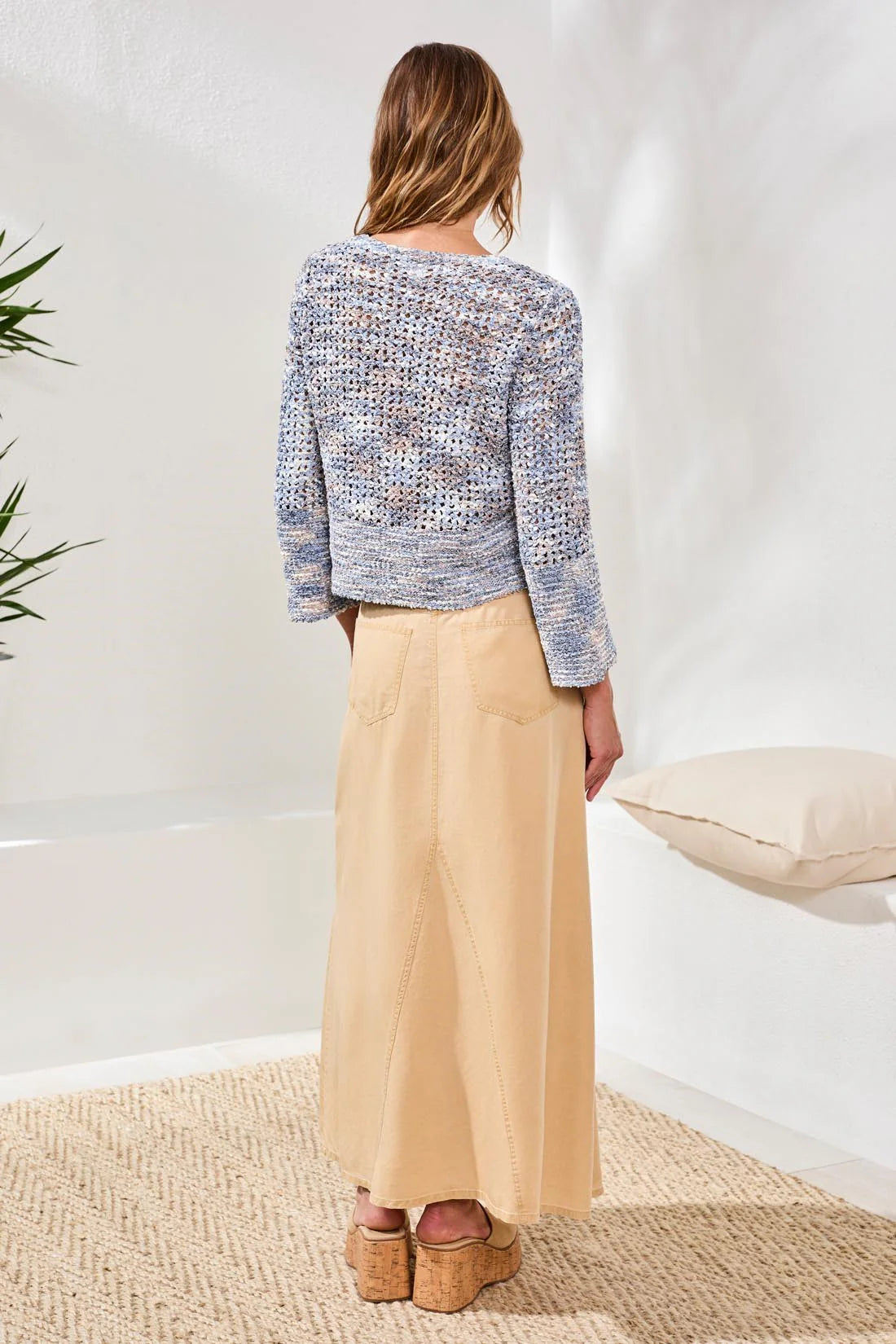 Tri 6206o Open-Stitch Crewneck Bell-Sleeve Sweater