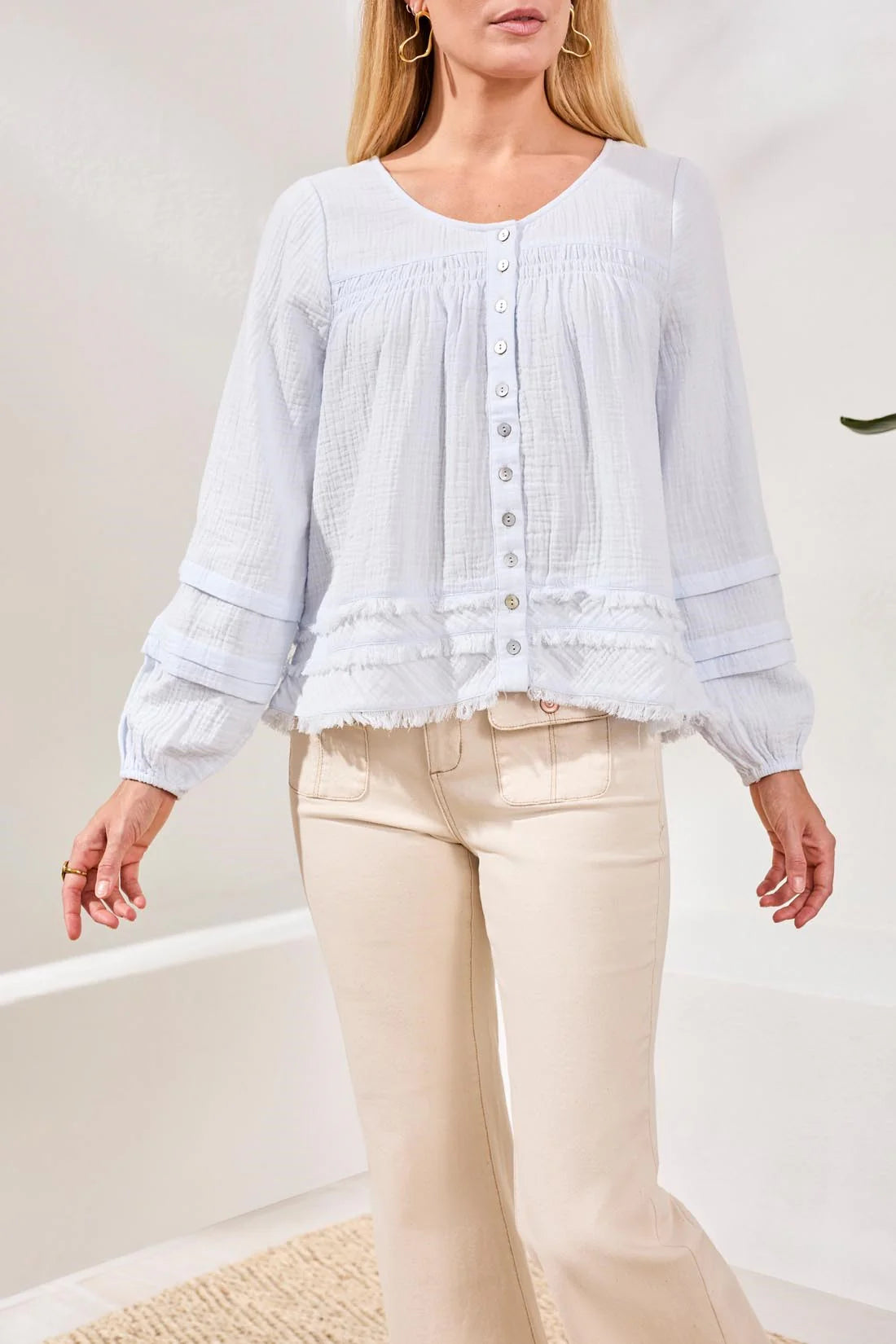 Tri 6165o Crinkle Gauze Button-Front Balloon Sleeve Frayed Hem Blouse