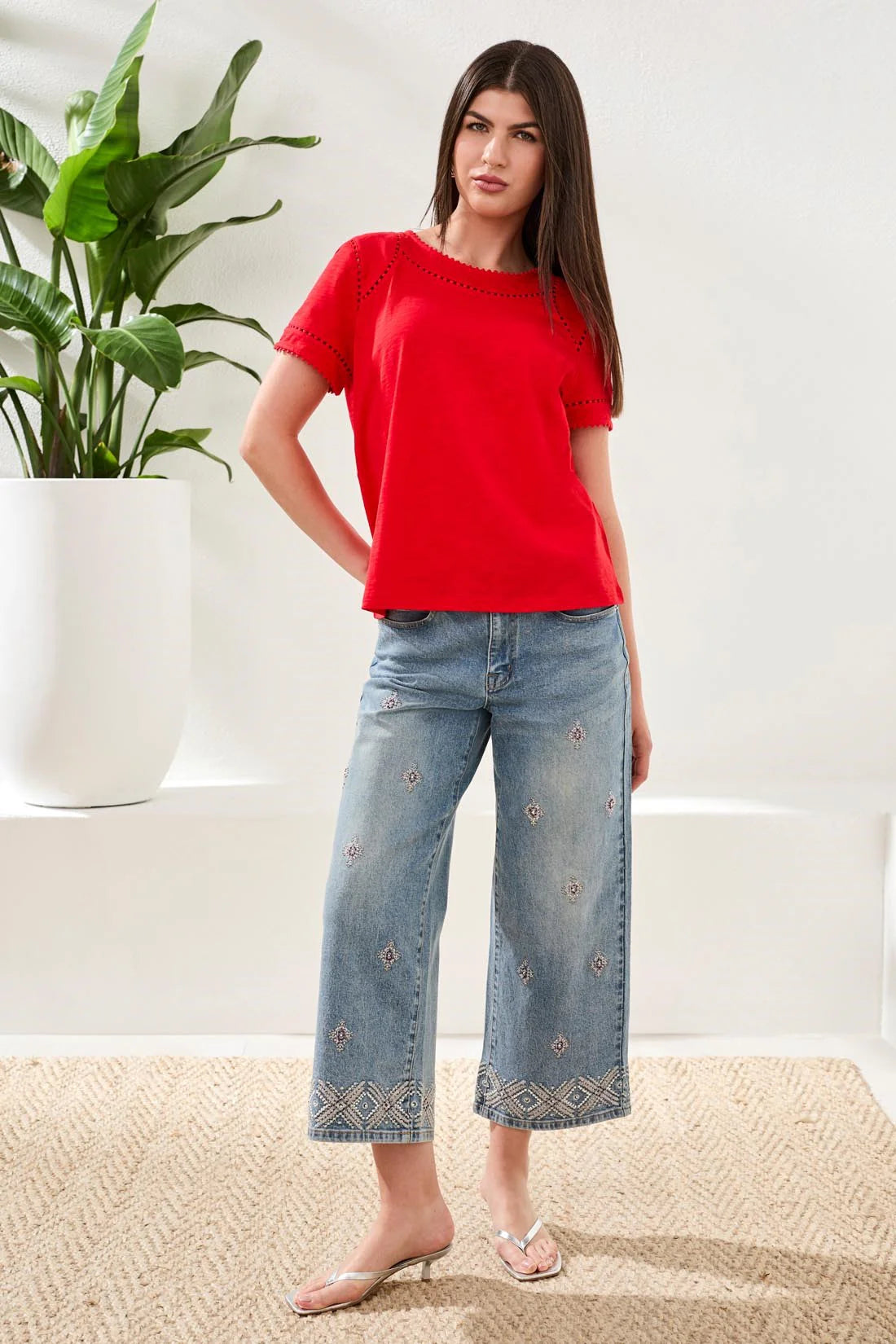 Tri 2466o Cotton Slub Short Sleeve Top With Lace Detail