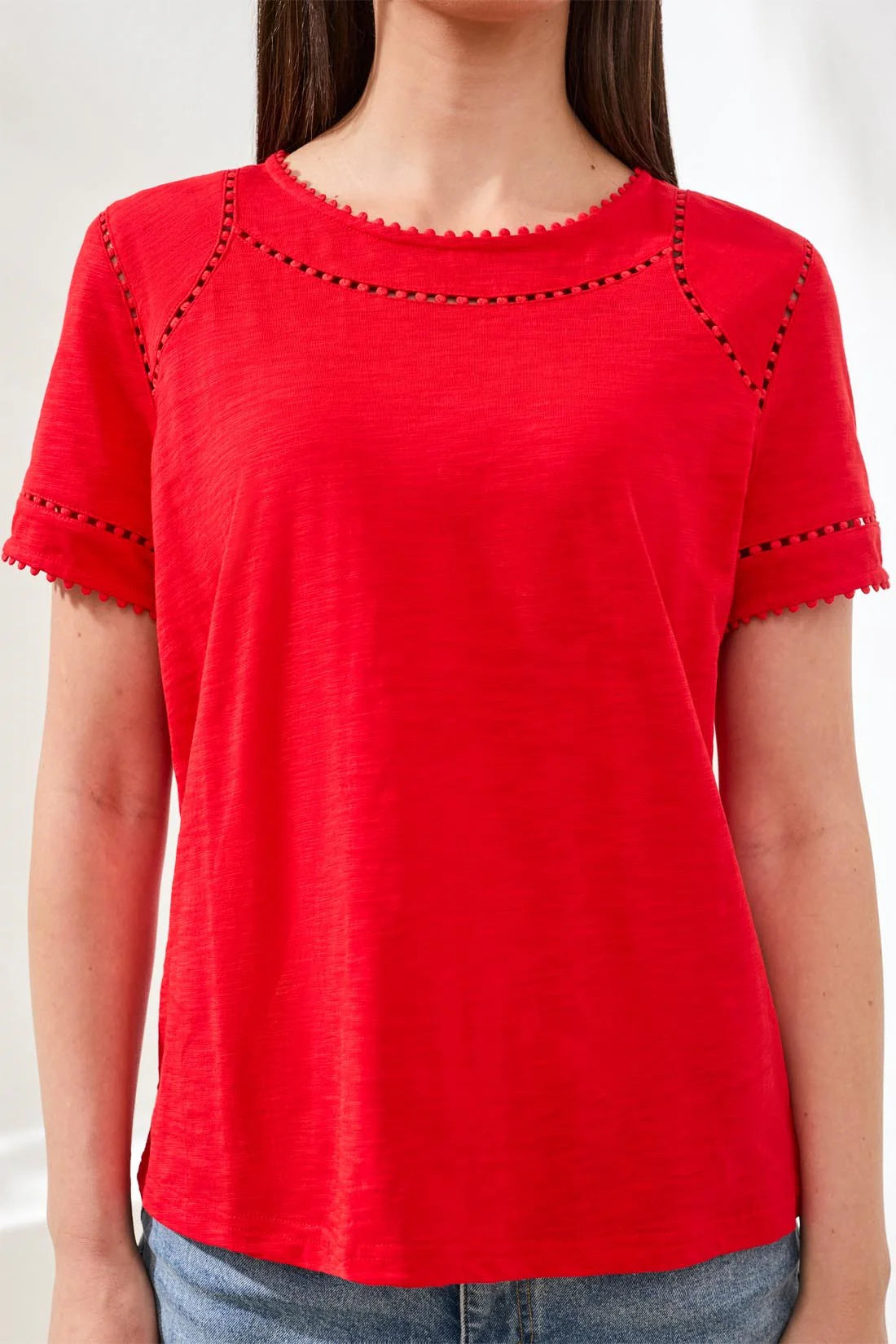 Tri 2466o Cotton Slub Short Sleeve Top With Lace Detail
