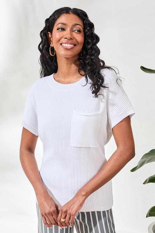 Tri 3007o Dolman Short Sleeve Ribbed Knit Top With Pocket