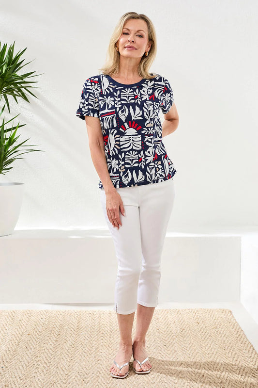 Tri 2431o Printed Slub Knit Crew Neck Top