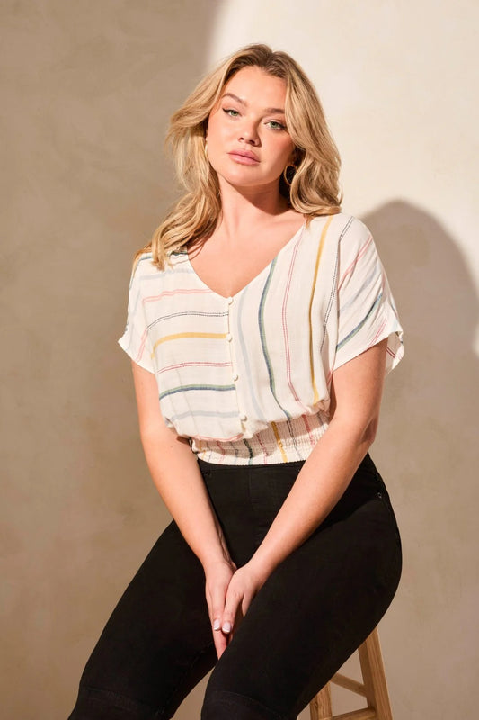 Tri 5843o Yarn Dye Stripe Smocked-Waist Popover Blouse